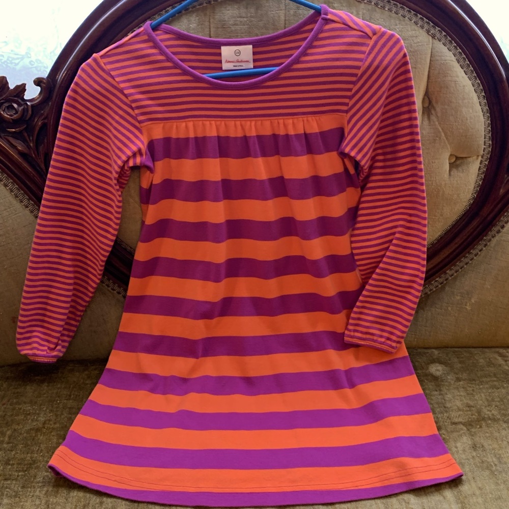 Super cute Hanna Andersson orange and purple striped dress. Girls size 130.